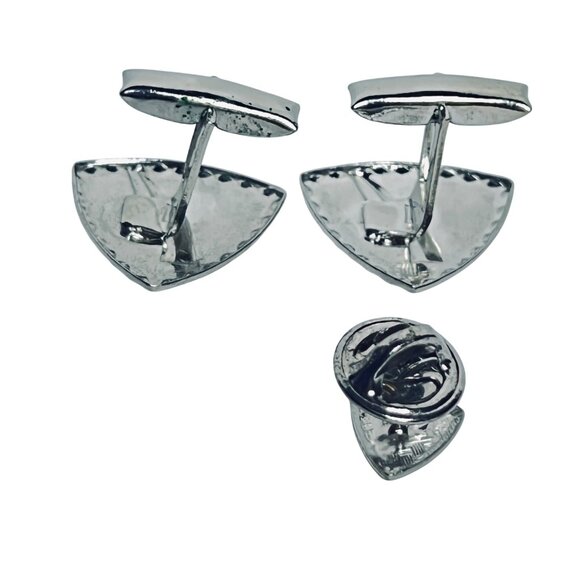 Vintage Textured Triangle Silver Tone Cufflinks And Tie Tack Set (6059) - Picture 4 of 4